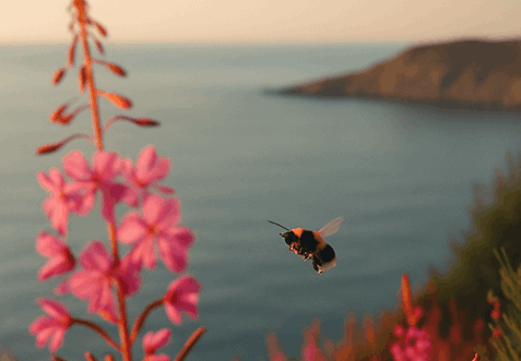 Landscape with pink flowers and a bee
